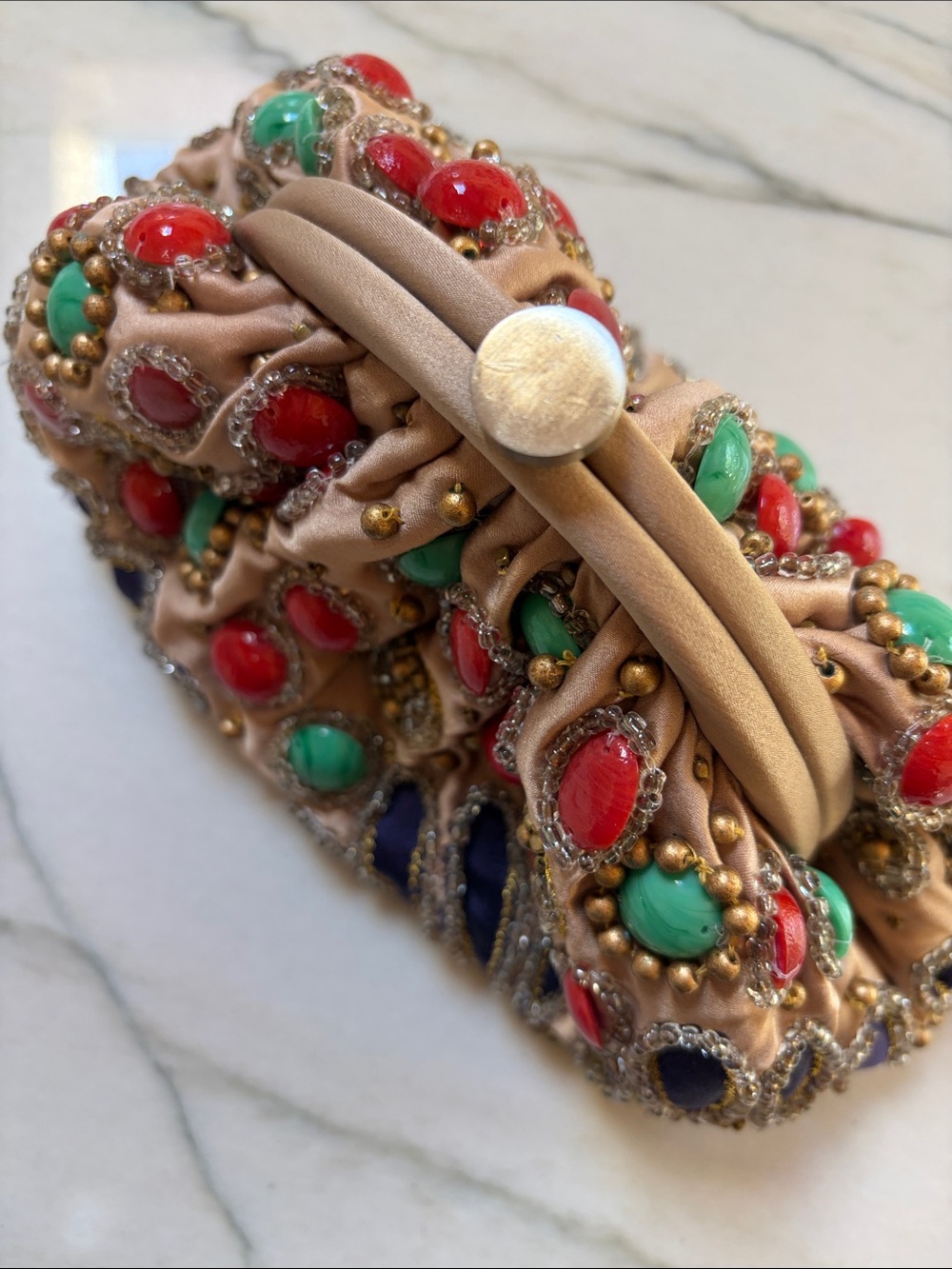 Santo beaded Embellished Floral Clutch, Beige, Turquoise & Red & Navy w chain - Picture 3 of 11